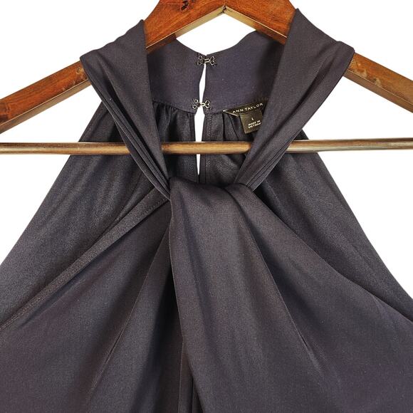 Ann Taylor Jumpsuit Halter Wide Leg WMNS L Navy Blue Sleeveless Tie Waist EUC - Picture 6 of 16